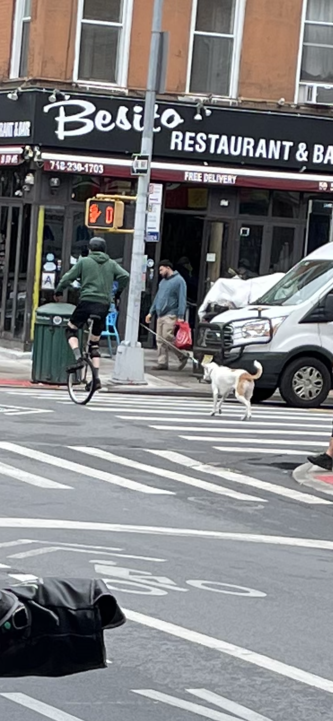 A man unicycles through a busy intersection dragging a dog behind him on a leash.