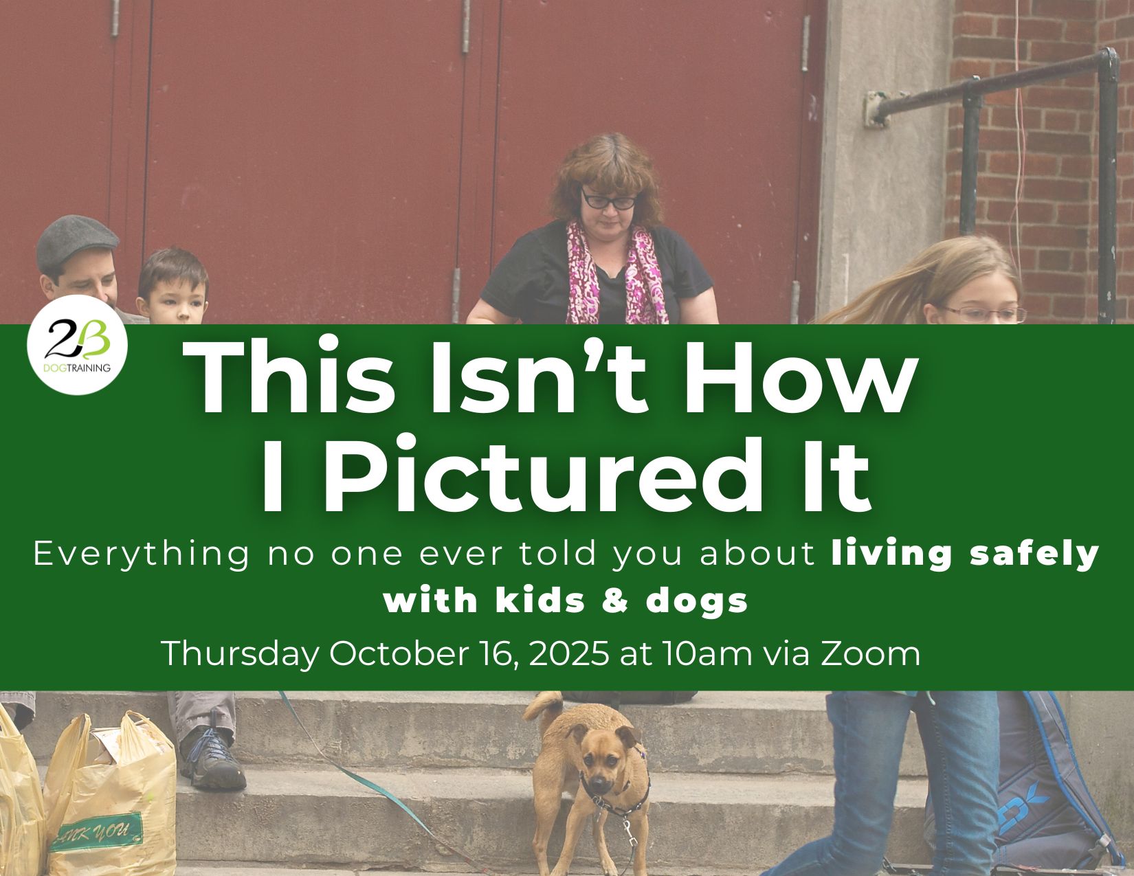 Information about an event on October 16, 2025 on a green background over a photo of people sitting on some steps.