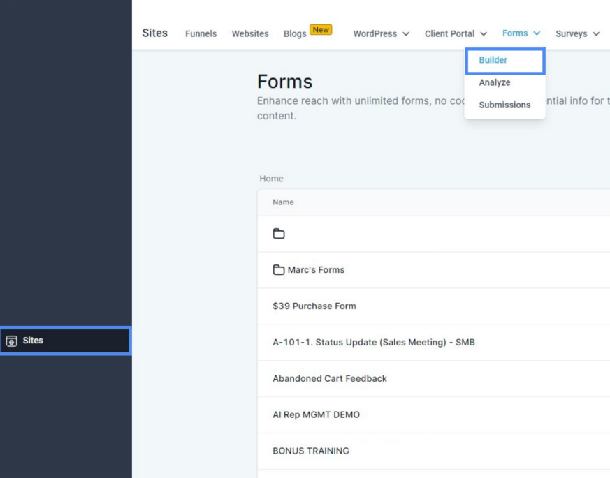 accessing form builder accessing form builder
