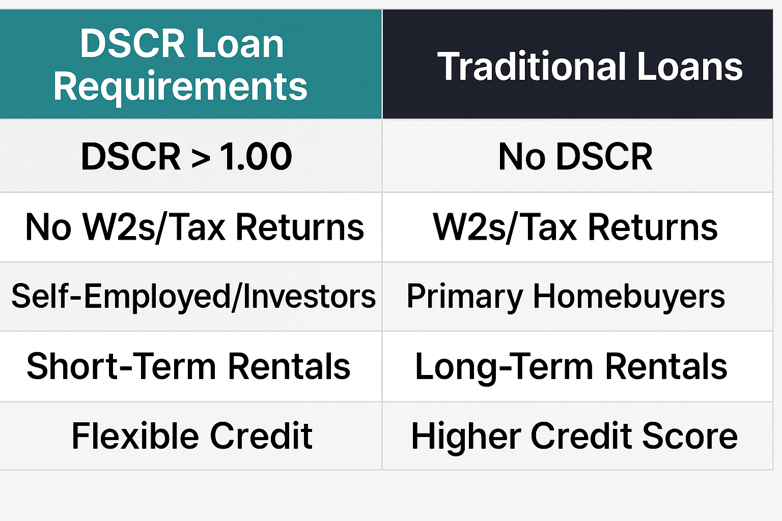 Comparison chart showing DSCR loan requirements vs traditional loan qualifications Comparison chart showing DSCR loan requirements vs traditional loan qualifications