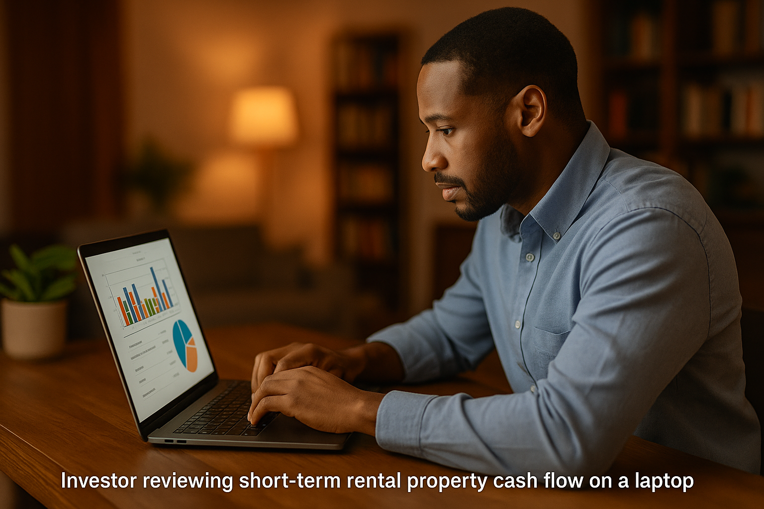 Investor reviewing short-term rental property cash flow on a laptop Investor reviewing short-term rental property cash flow on a laptop