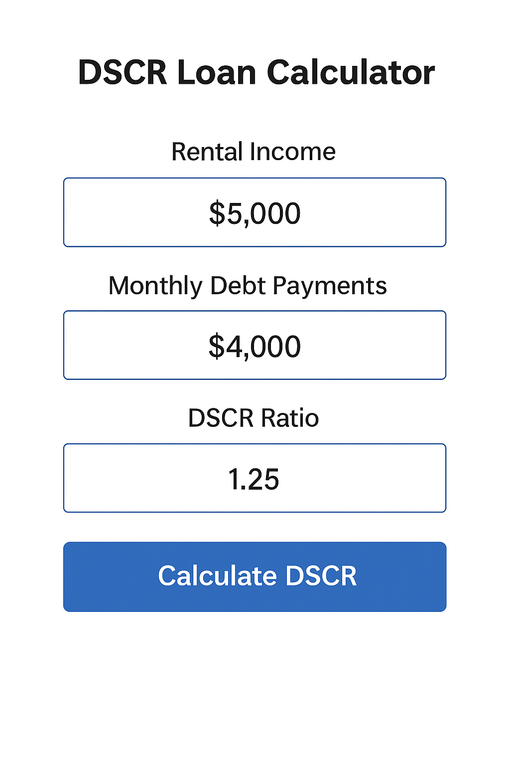 Screenshot of DSCR loan calculator with example figures Screenshot of DSCR loan calculator with example figures