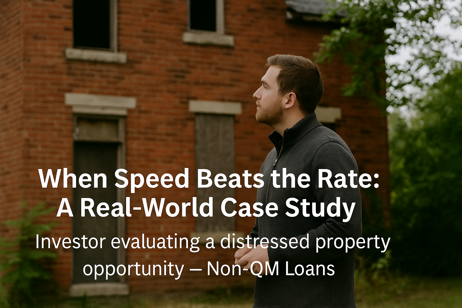 Investor assessing a distressed brick property for a fast investment opportunity — Non-QM Loans case study Investor assessing a distressed brick property for a fast investment opportunity — Non-QM Loans case study