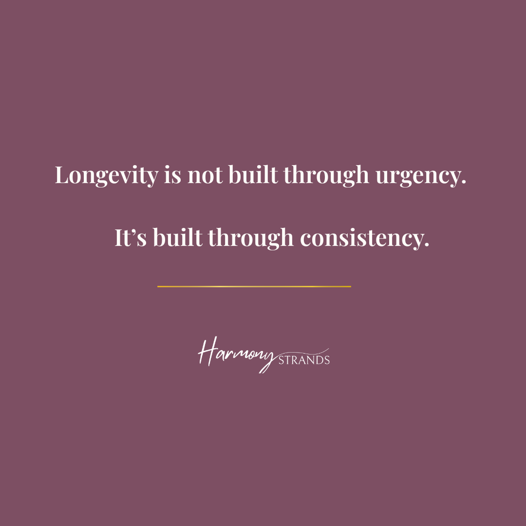Square quote image about patience, consistency, and scalp health in a long-term hair care approach. Square quote image about patience, consistency, and scalp health in a long-term hair care approach.