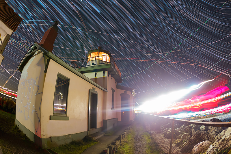 Star trails over lighthouse in Seattle