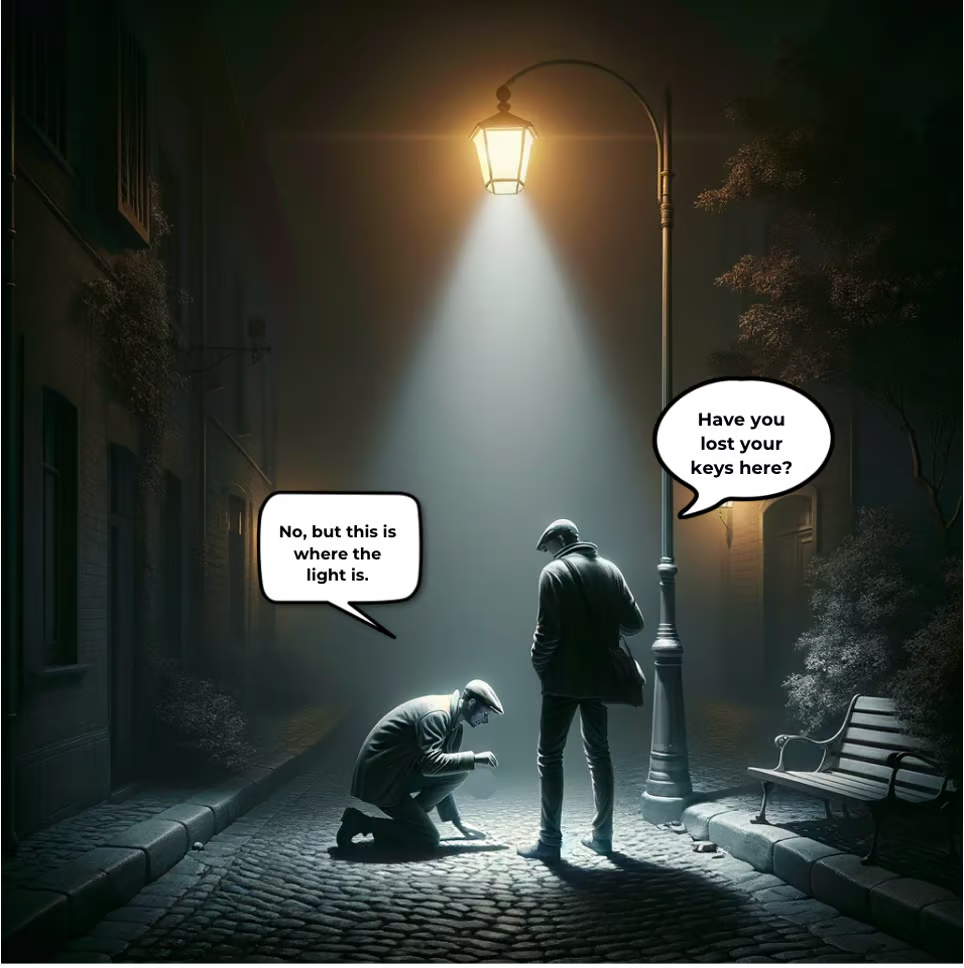 Illustration of two men under a streetlamp at night. One is kneeling and searching while the other asks, 'Have you lost your keys here?' The kneeling man responds, 'No, but this is where the light is. Illustration of two men under a streetlamp at night. One is kneeling and searching while the other asks, 'Have you lost your keys here?' The kneeling man responds, 'No, but this is where the light is.