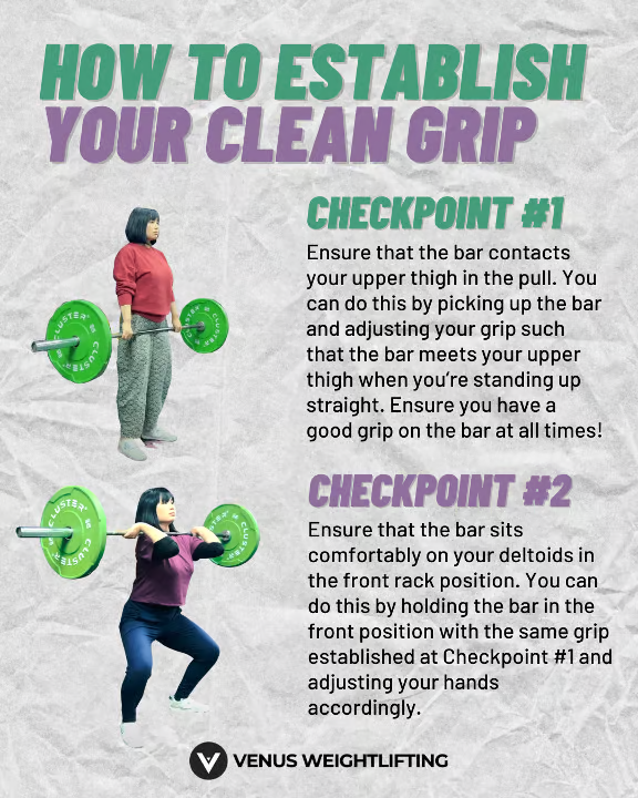 Instructional guide on how to establish a clean grip in weightlifting, featuring two checkpoints with images demonstrating proper bar positioning on the upper thigh and front rack position. Instructional guide on how to establish a clean grip in weightlifting, featuring two checkpoints with images demonstrating proper bar positioning on the upper thigh and front rack position.
