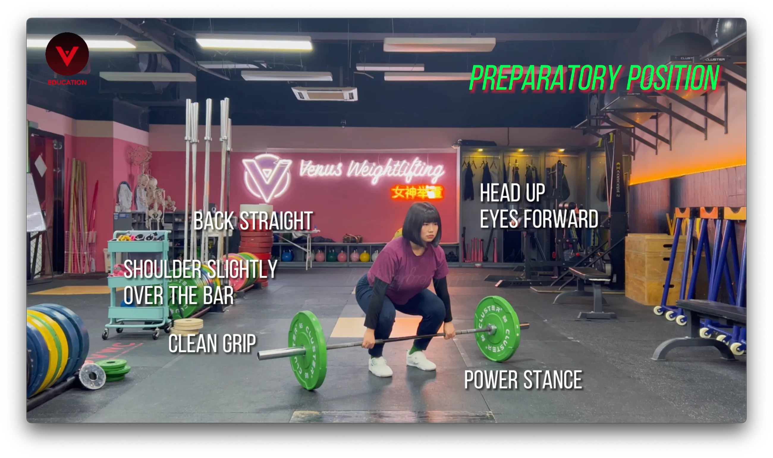 eightlifting coach demonstrating the preparatory position for the clean at Venus Weightlifting gym, with labeled key points: back straight, head up, eyes forward, clean grip, power stance. eightlifting coach demonstrating the preparatory position for the clean at Venus Weightlifting gym, with labeled key points: back straight, head up, eyes forward, clean grip, power stance.