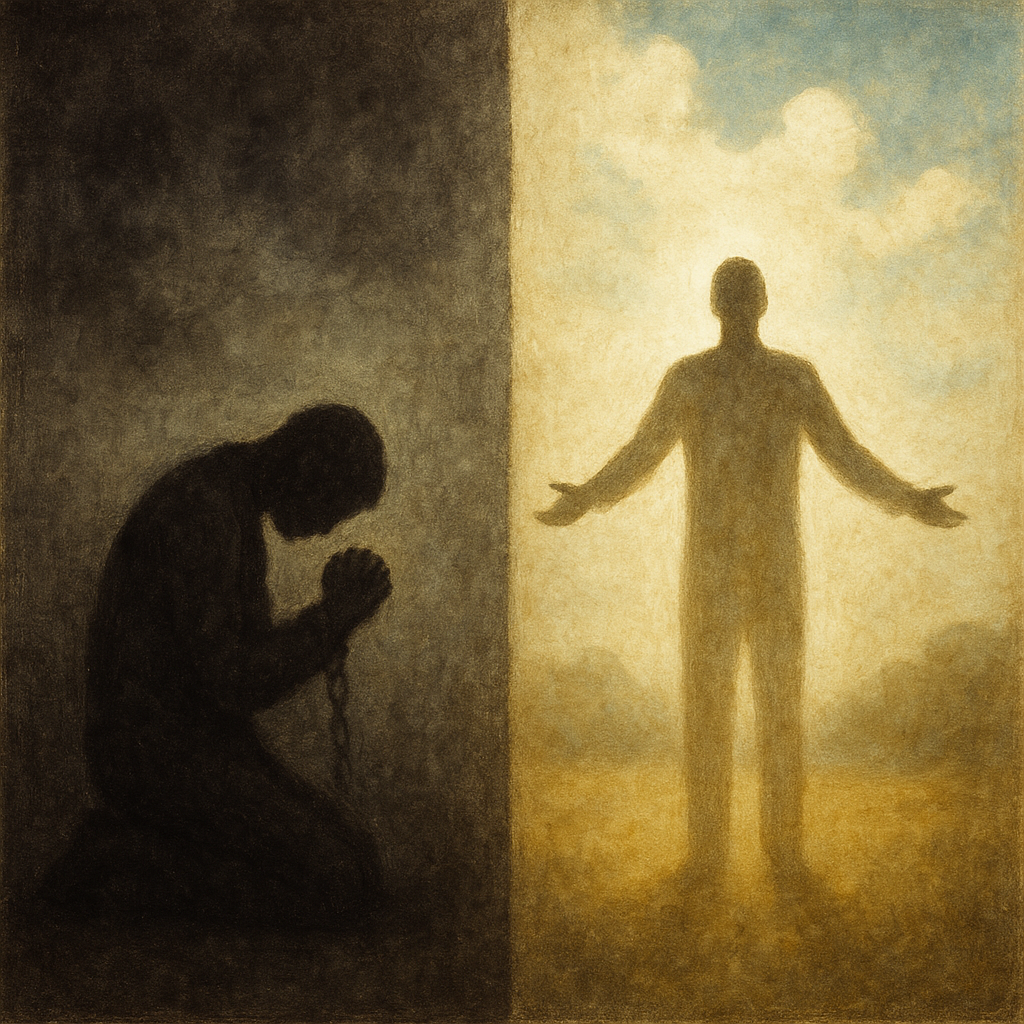 a figure kneeling with bowed head; a luminous figure standing upright with open arms a figure kneeling with bowed head; a luminous figure standing upright with open arms