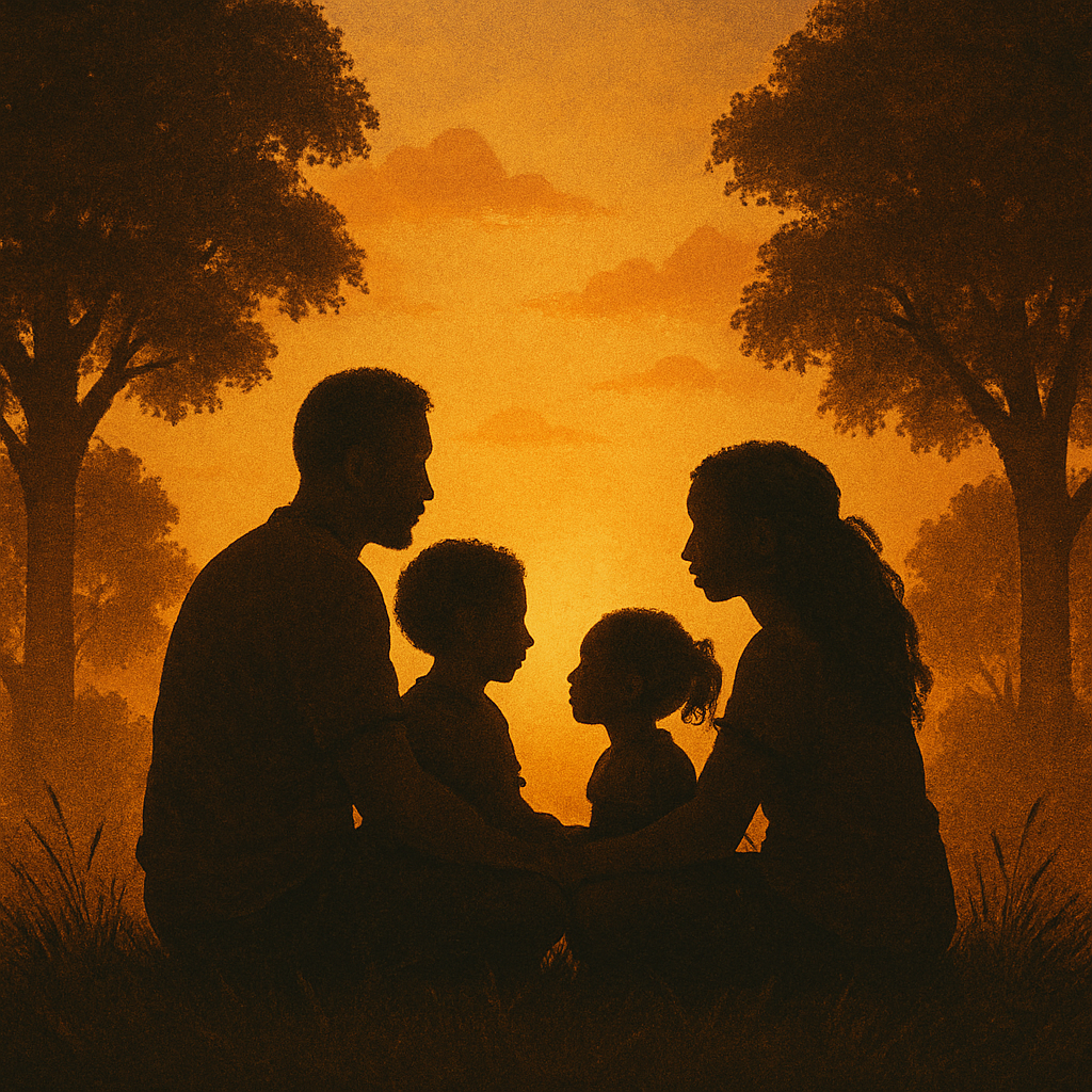 Silhouette of an African-American family of four sitting together in a peaceful field at sunset, symbolizing unity, safety, and healing within the family. Silhouette of an African-American family of four sitting together in a peaceful field at sunset, symbolizing unity, safety, and healing within the family.