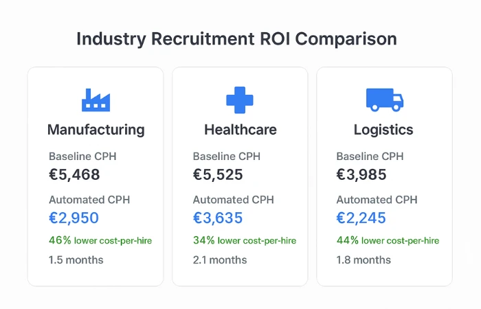 Sector-based recruitment ROI comparison showing cost-per-hire reduction and payback period for manufacturing, healthcare, and logistics UK SMEs.