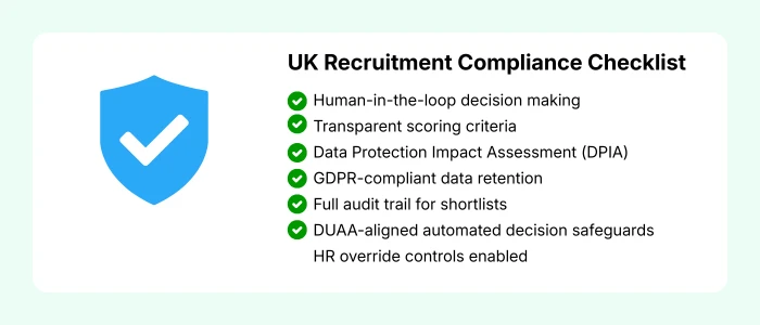 UK recruitment compliance checklist showing human oversight, GDPR retention, DPIA, audit trails, and DUAA-aligned safeguards.