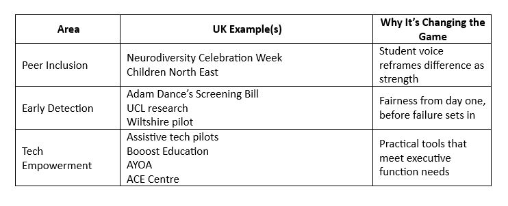 Table with information on peer inclusion, early detection and tech empowerment with UK examples and why this is making changes. Links to all the examples are given under the table Table with information on peer inclusion, early detection and tech empowerment with UK examples and why this is making changes. Links to all the examples are given under the table
