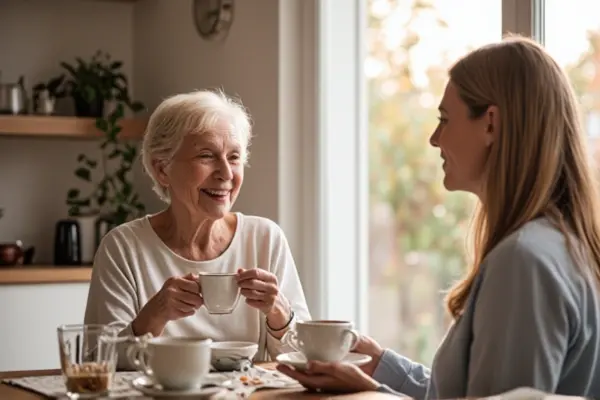 Senior woman and caregiver sharing tea in a San Fernando Valley home discussing affordable care options Senior woman and caregiver sharing tea in a San Fernando Valley home discussing affordable care options