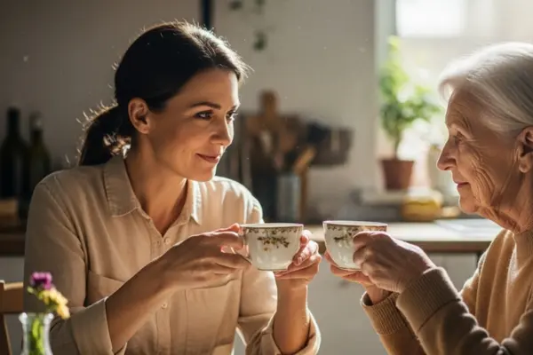 A caring middle-aged woman helps her elderly mother drink tea at home, representing family caregiving and burnout prevention. A caring middle-aged woman helps her elderly mother drink tea at home, representing family caregiving and burnout prevention.