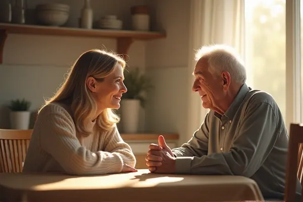 Elderly woman with dementia sitting in her living room, holding hands with her caring daughter at home. Elderly woman with dementia sitting in her living room, holding hands with her caring daughter at home.