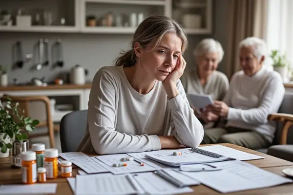 Family caregiver organizing papers and medication at the kitchen table while caring for an elderly parent at home. Family caregiver organizing papers and medication at the kitchen table while caring for an elderly parent at home.