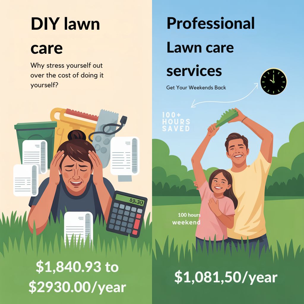 DIY lawn care costs $1,840-$2,930 annually versus professional service at $1,081.50 with 100 hours saved infographic