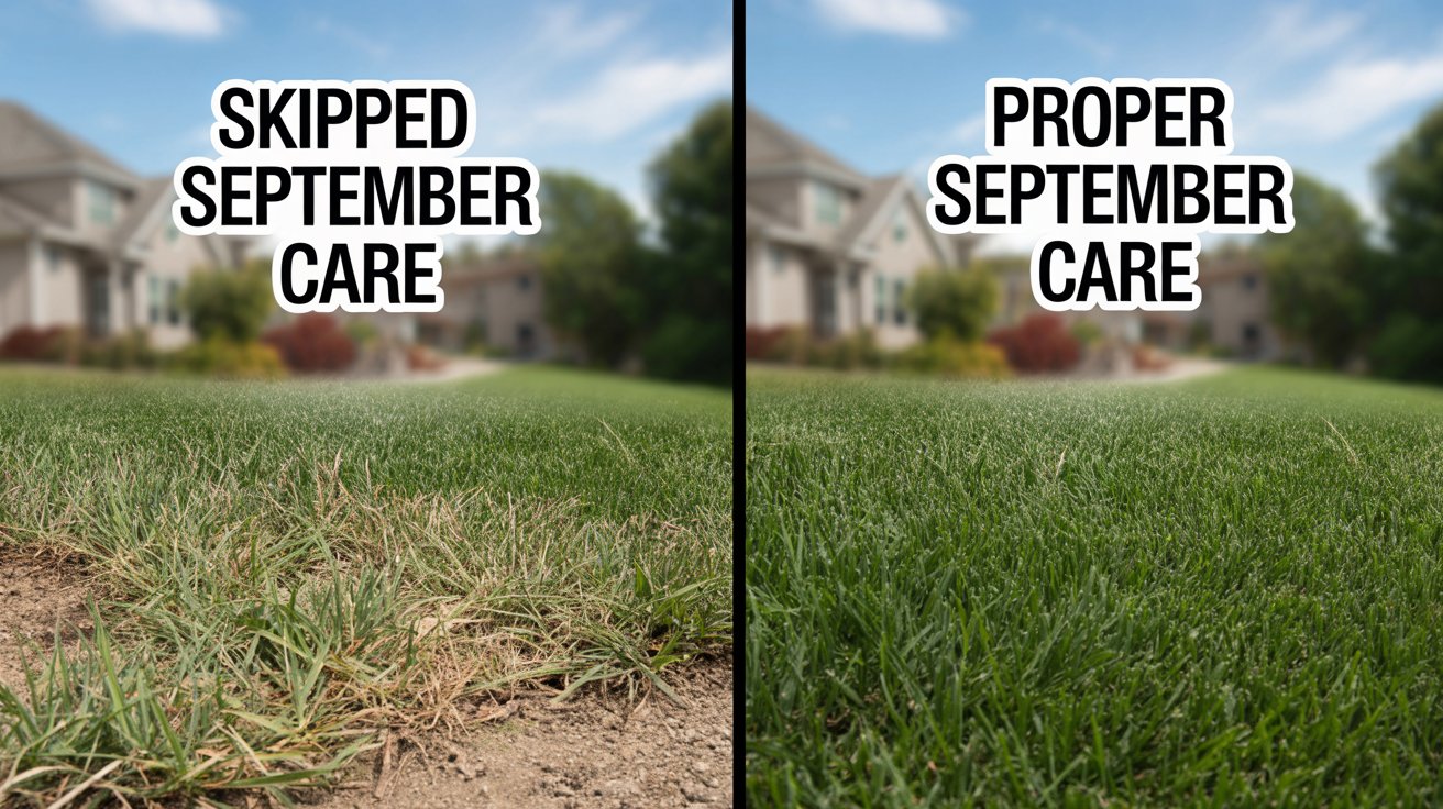 Comparison showing spring lawn damage from skipped September care versus healthy lawn with proper fall maintenance