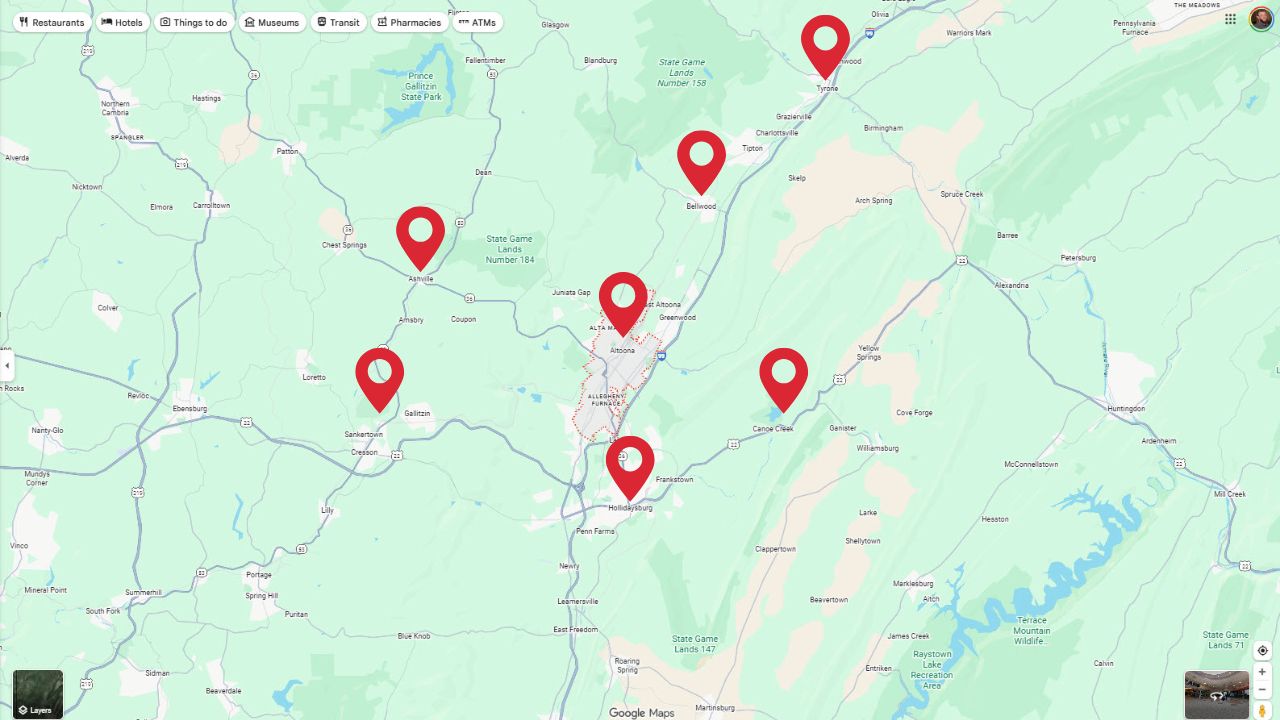The Little Lawn Co. service area map showing Altoona, Hollidaysburg, and Central PA coverage The Little Lawn Co. service area map showing Altoona, Hollidaysburg, and Central PA coverage