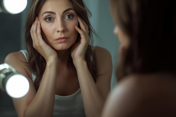 Tired woman looking in mirror