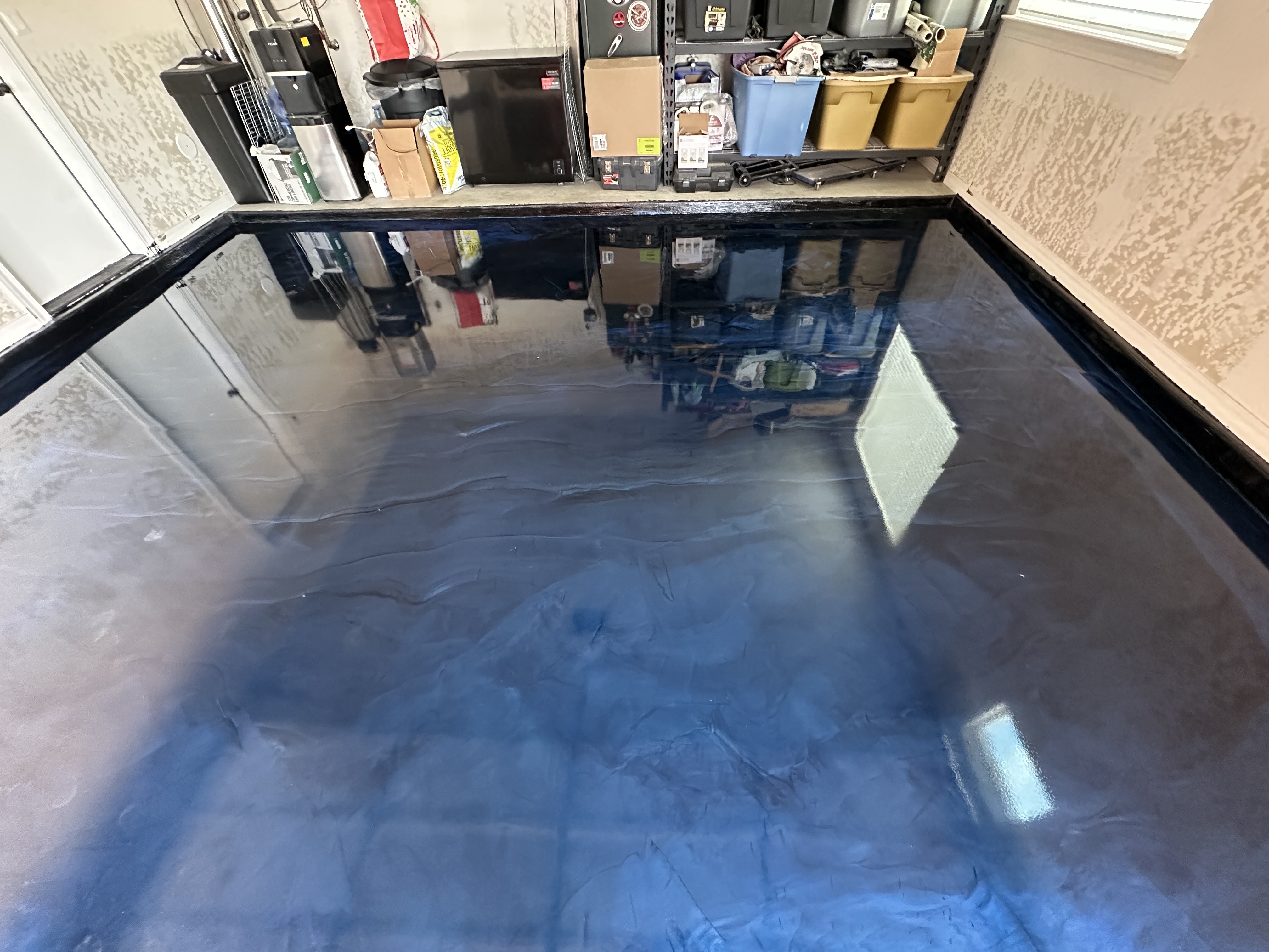Garage epoxy floor, high-build flake system