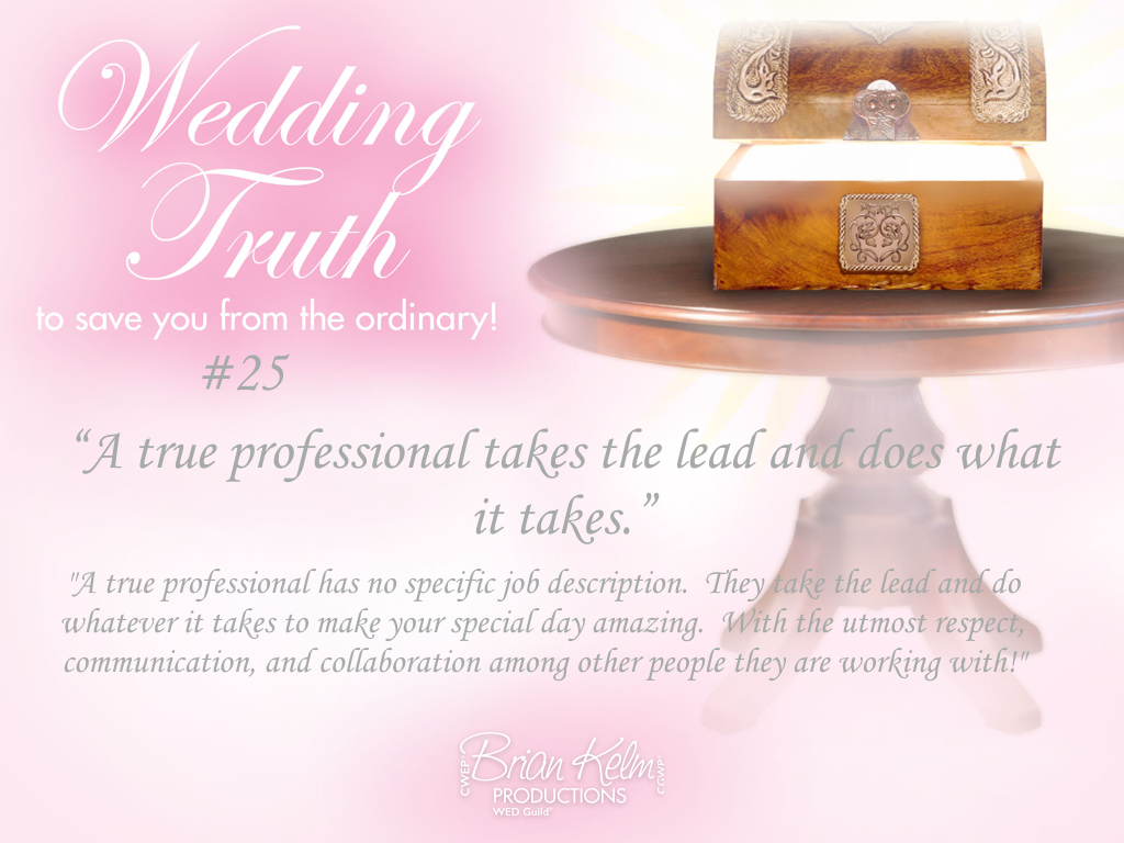 wedding truths, wedding truths to save you from the ordinary, brian kelm, brian kelm productions, brian kelm wedding mc, brian kelm wedding planner, brian kelm master wedding event planner, a true professional takes the lead and does what it takes, true wedding professional, wedding professional, wedding leadership