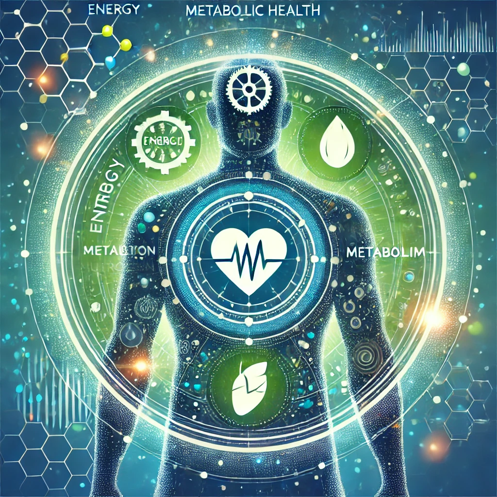 Introduction image for an article on metabolic health, featuring a human silhouette with inner symbols representing energy, nutrition, and metabolism, using vibrant green, blue, and white tones to evoke health and vitality.