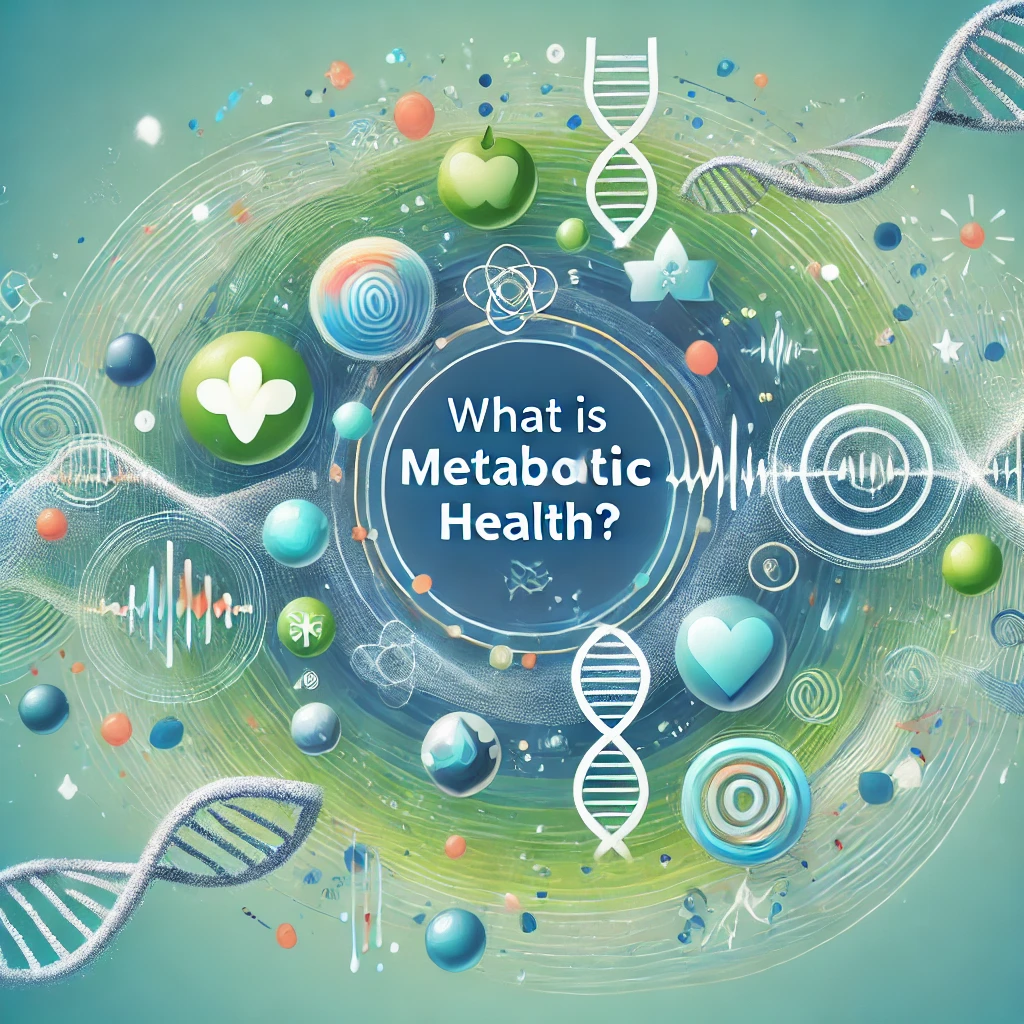Educational image for the blog section 'What is Metabolic Health?' featuring abstract symbols of cells, DNA strands, and energy waves in vibrant green, blue, and white tones, representing the body's metabolic processes and well-being.