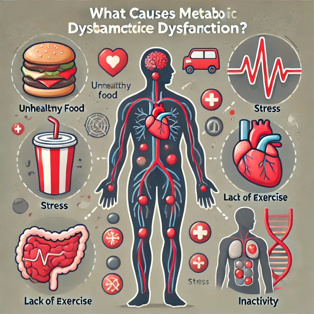 Image for the blog section 'What Causes Metabolic Dysfunction?' featuring a human figure with icons representing unhealthy food, stress, and inactivity, using darker shades of red and gray to symbolize metabolic dysfunction and its impact on the body.