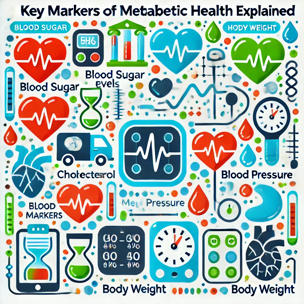 Image for the blog section 'Key Markers of Metabolic Health Explained,' featuring icons for blood sugar levels, cholesterol, blood pressure, and body weight, using vibrant green, blue, and white tones to represent clarity and health.
