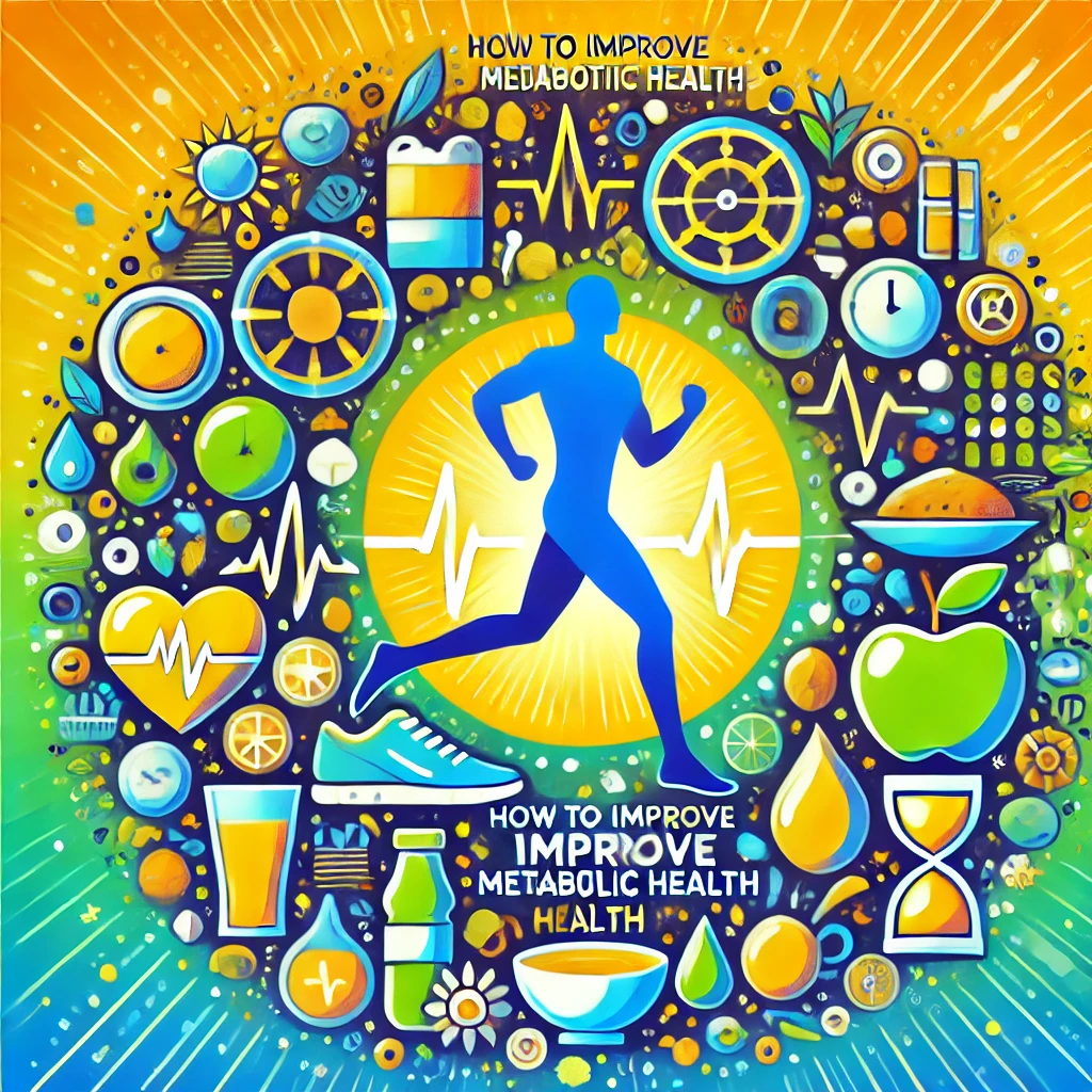 Motivational image for the blog section 'How to Improve Metabolic Health,' featuring icons of exercise, balanced nutrition, and stress management in vibrant green, blue, and yellow tones, symbolizing energy and vitality
