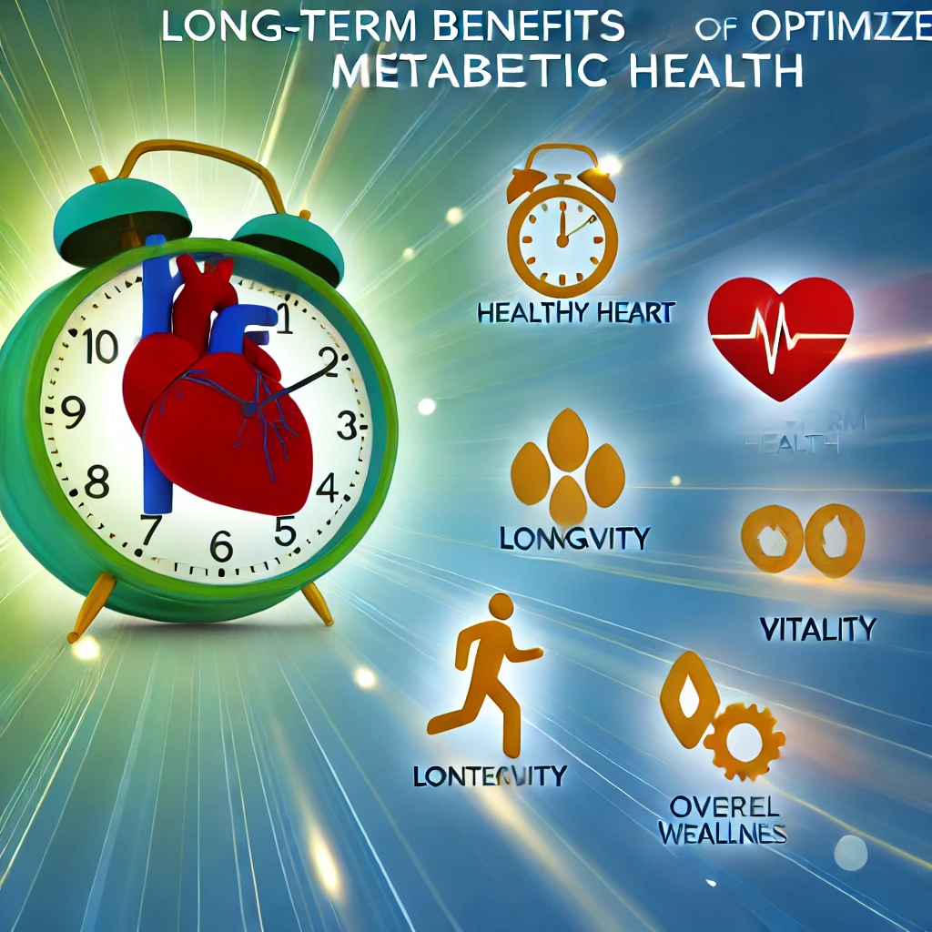 Uplifting image for the blog section 'Long-Term Benefits of Optimized Metabolic Health,' featuring symbols like a heart, clock, and active figures in vibrant green, blue, and gold tones, representing longevity, vitality, and lasting health