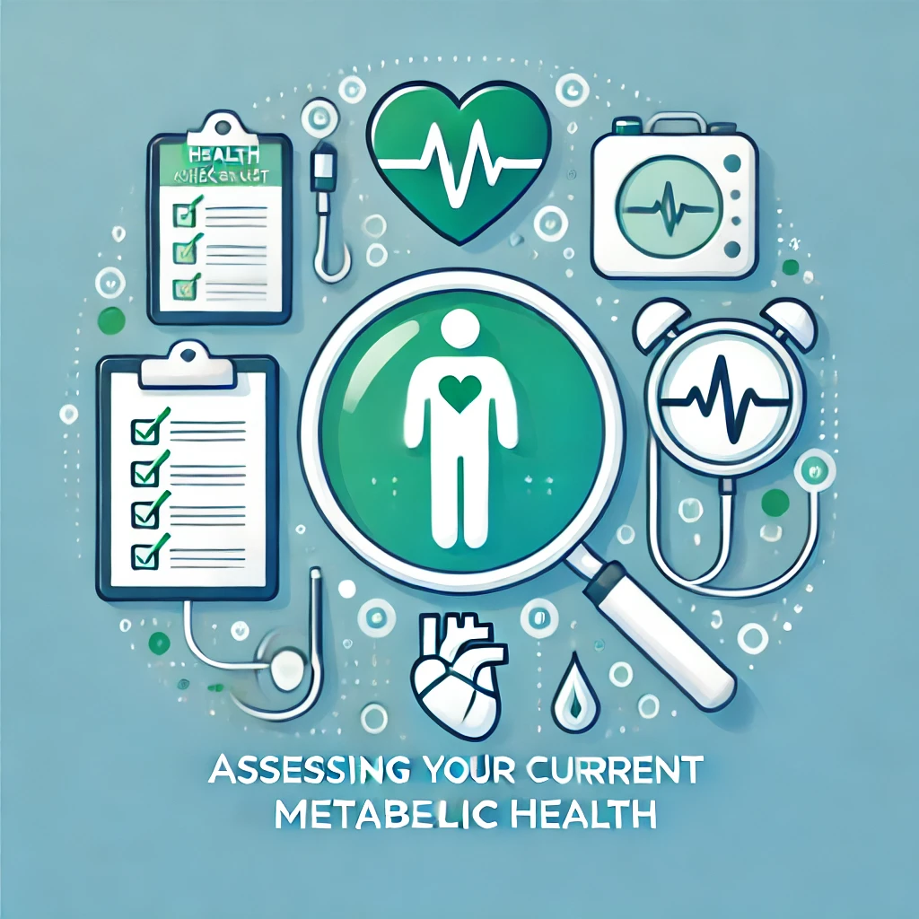 Informative image for the blog section 'Assessing Your Current Metabolic Health,' featuring icons of a clipboard, checklist, heart monitor, and magnifying glass over a human figure, using blue, green, and white tones to represent health assessment.