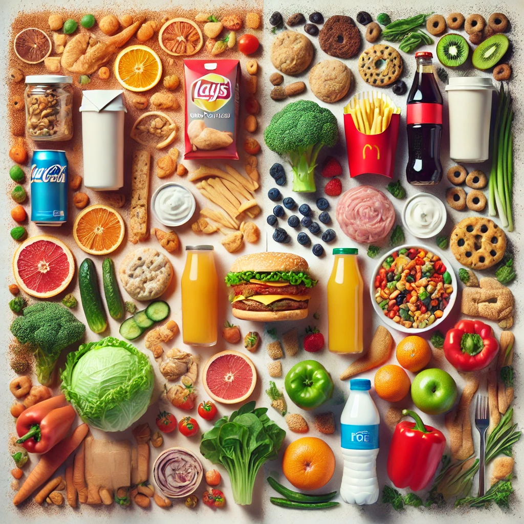 Illustration contrasting ultra-processed foods like packaged snacks, fast food, and sugary drinks with healthy whole foods such as fruits, vegetables, lean proteins, and whole grains, symbolizing the benefits of avoiding processed foods for better hunger control.