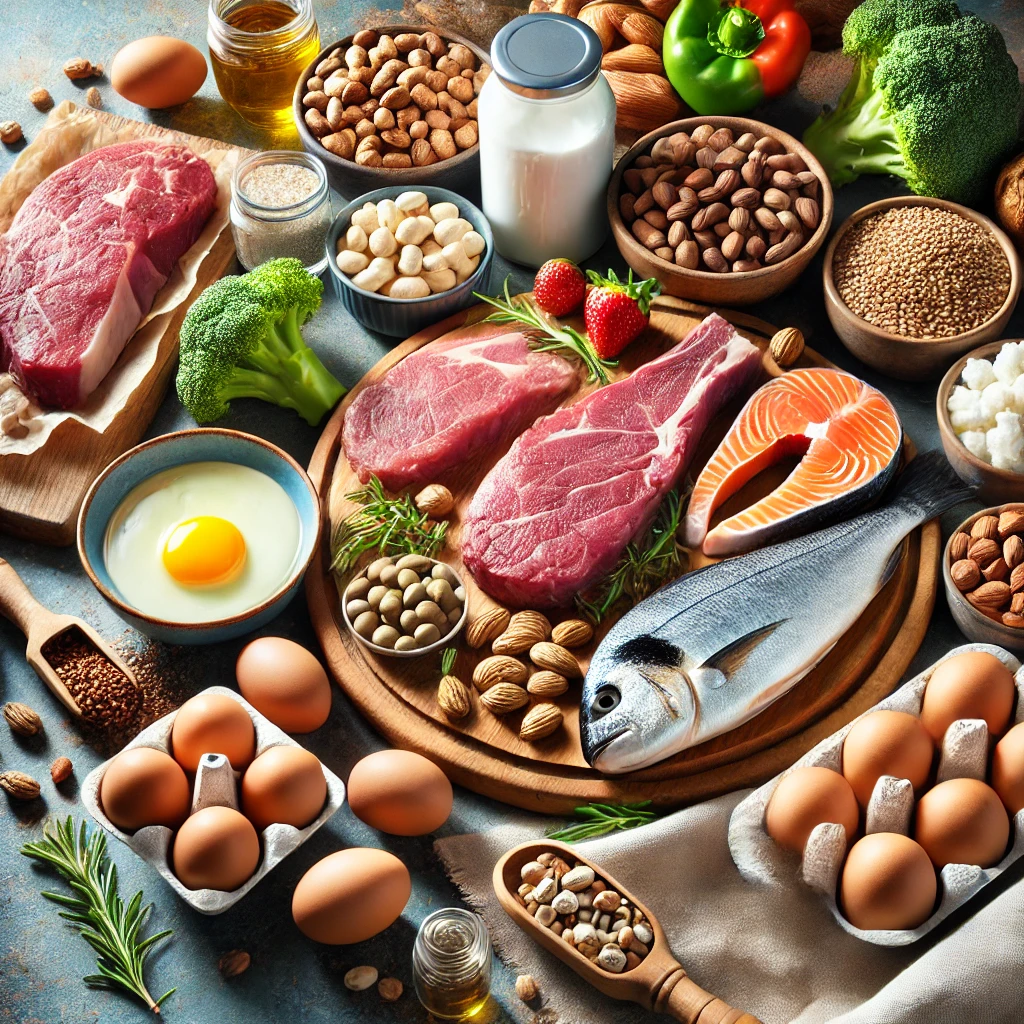 Illustration showcasing high-protein foods like lean meats, eggs, fish, legumes, and nuts, paired with fresh vegetables and whole grains, symbolizing the importance of protein for hunger control and balanced nutrition