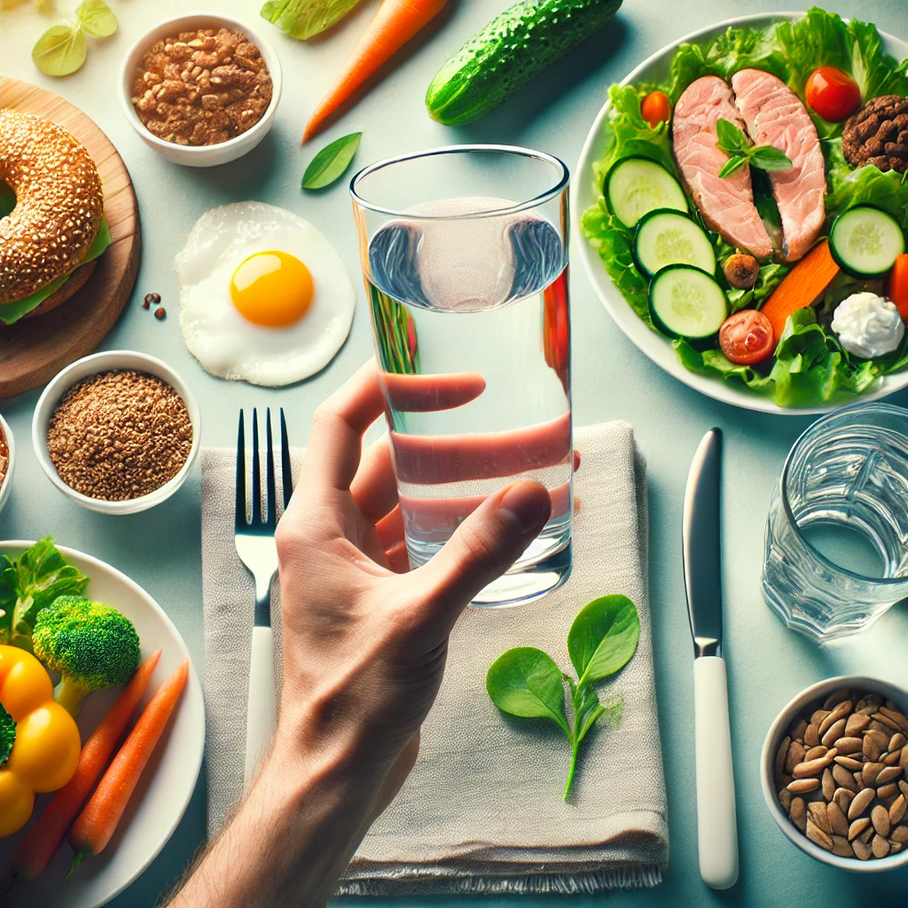 Illustration of water being consumed during a meal with healthy foods like vegetables, grains, and proteins, symbolizing the role of hydration in digestion and debunking the myth that drinking water during meals affects digestion negatively