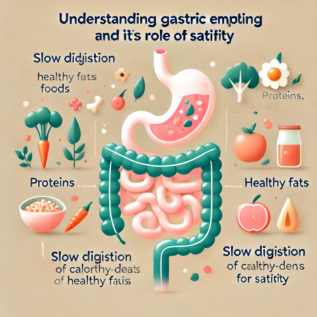 Illustration of the digestive system showing the digestion of proteins, vegetables, and healthy fats, highlighting the slow digestion of calorie-dense foods for prolonged satiety and understanding gastric emptying's role in hunger control