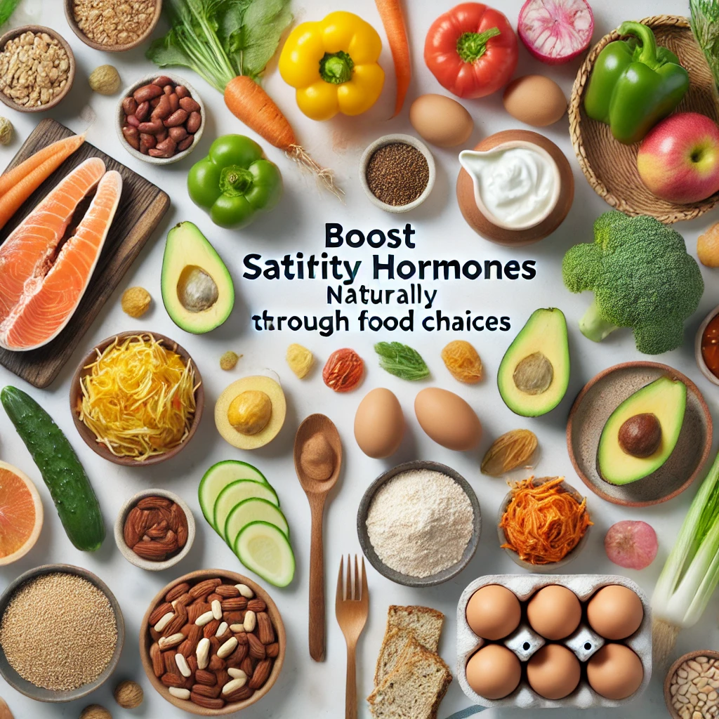Illustration showcasing satiety-boosting foods such as high-fiber fruits, vegetables, whole grains, fermented foods like kimchi, and protein-rich options like eggs and beans, highlighting their role in naturally boosting satiety hormones.