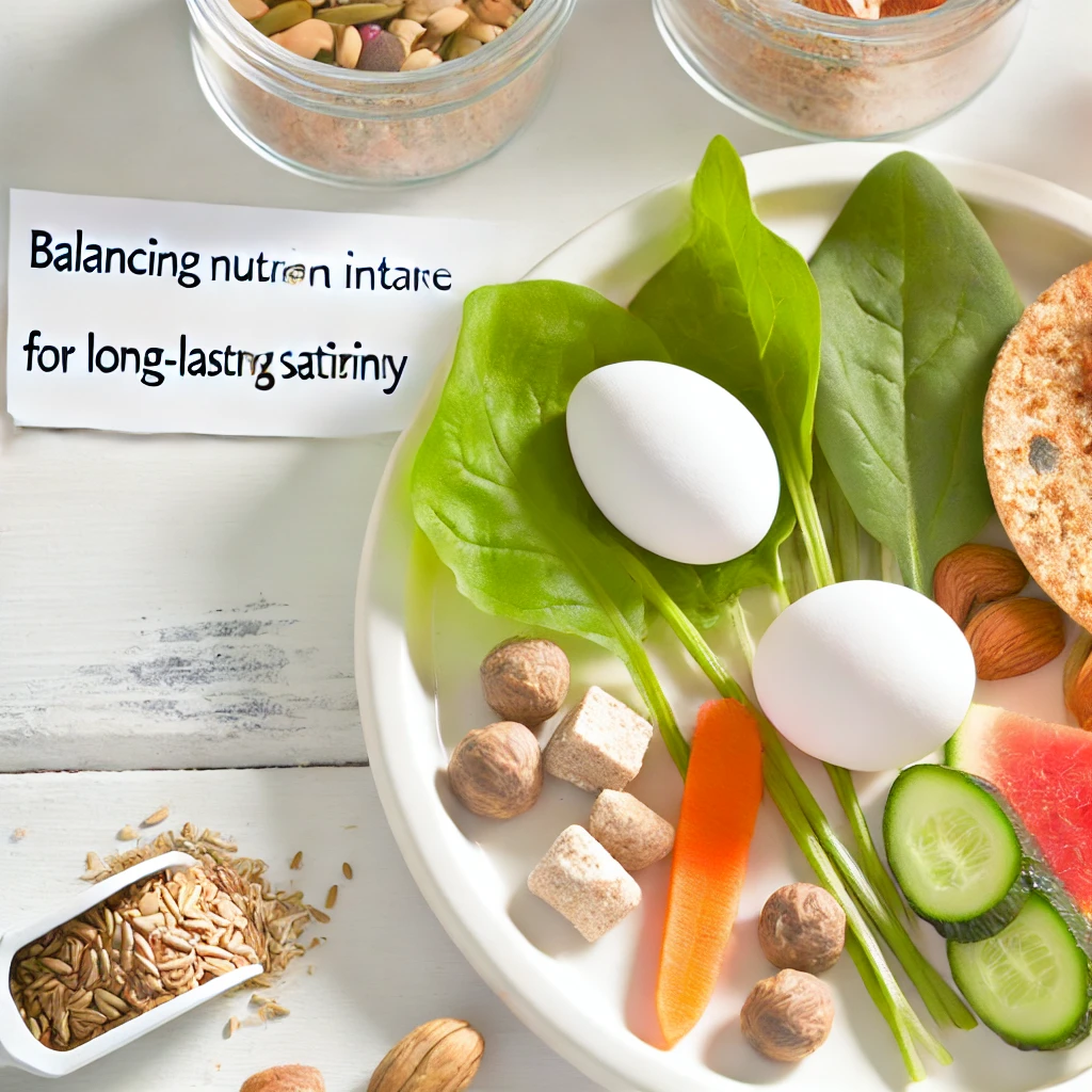 Illustration of a balanced meal featuring proteins, healthy fats, and fiber-rich vegetables, symbolizing the concept of balancing macronutrient intake for long-lasting satiety and nutritional balance.