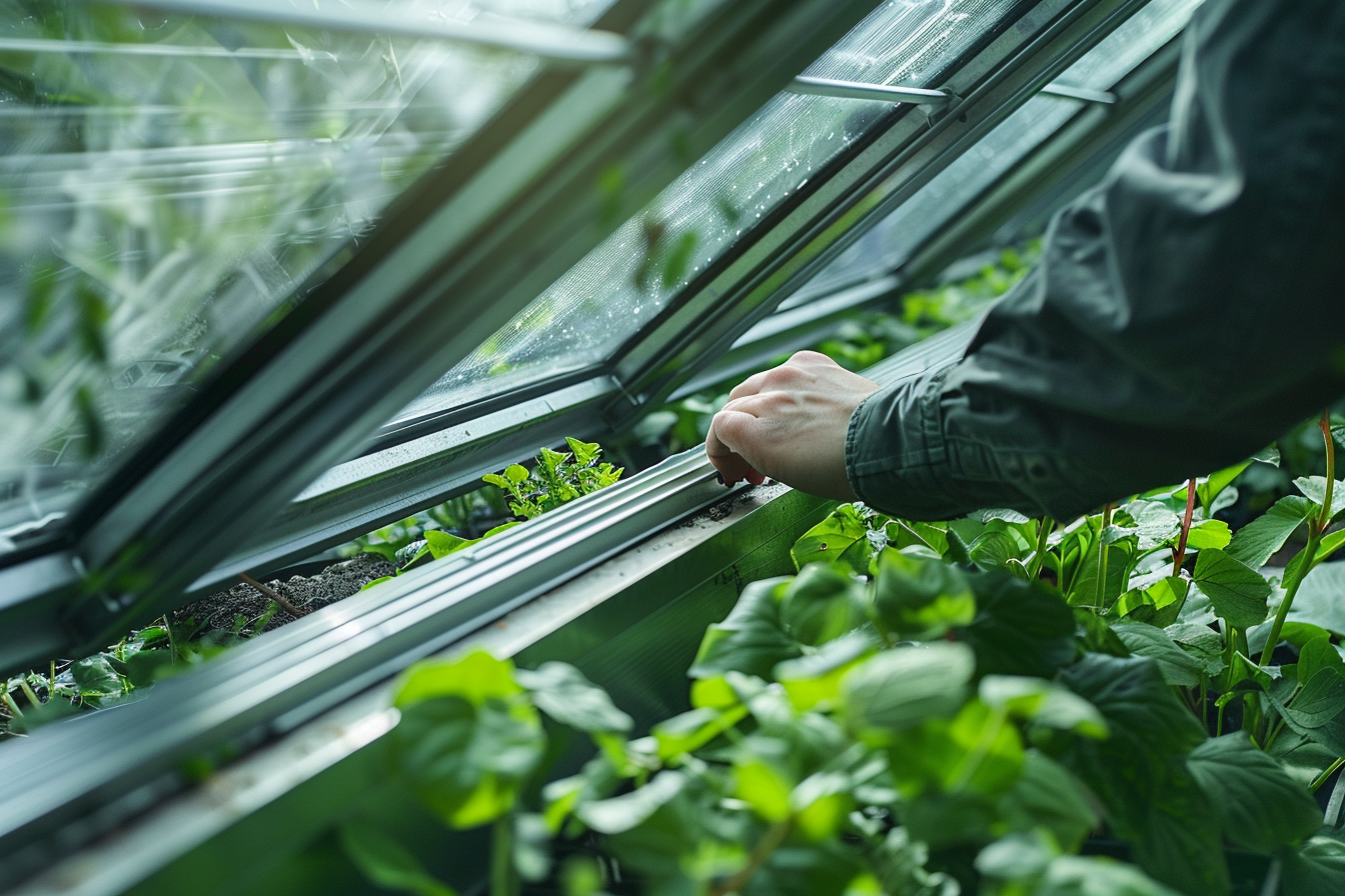 Close-up of a greenhouse with polycarbonate panels, displaying various thicknesses and durability, with thriving plants inside and a worker installing a panel.