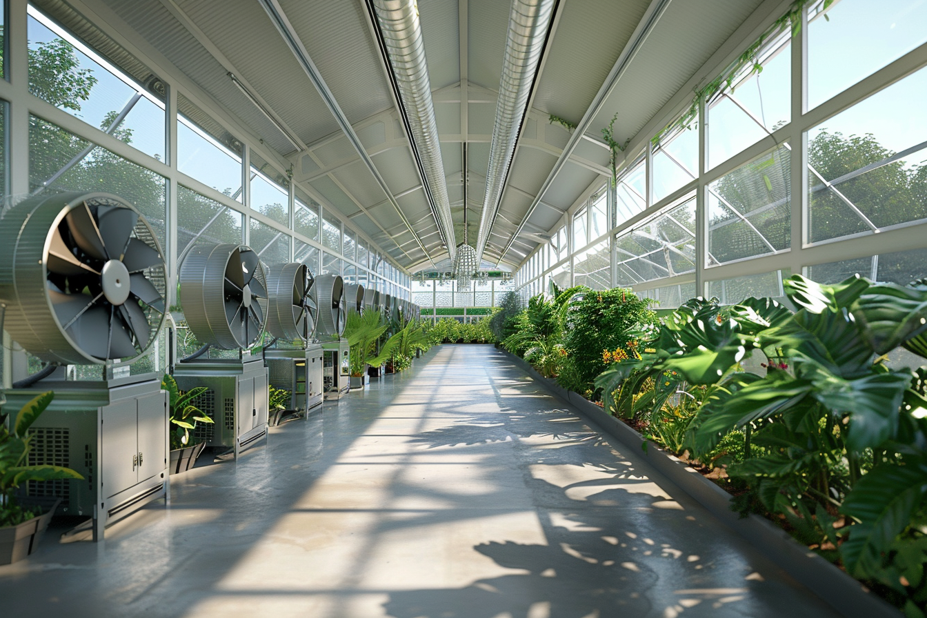 Interior of a greenhouse showcasing various fan types and ventilation systems, with thriving plants and visible air currents, demonstrating optimal climate control.