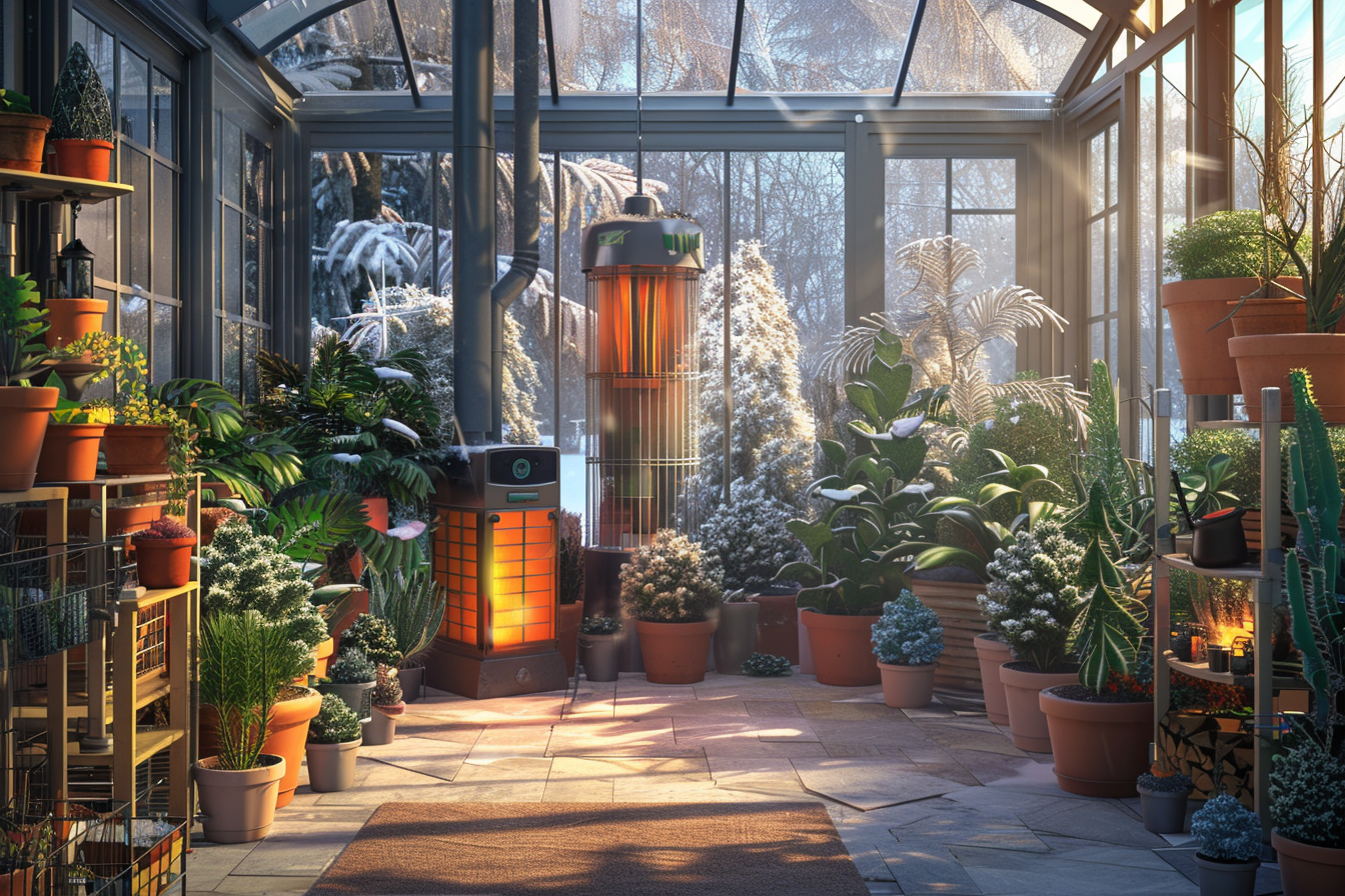 Interior of a warm greenhouse showcasing different types of heaters among thriving winter plants, with frost visible on the exterior glass.