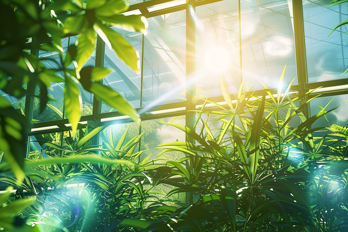 Close-up view of a modern greenhouse showcasing different types of high-quality glass panels, with thriving plants visible inside and sunlight creating vibrant prism effects.