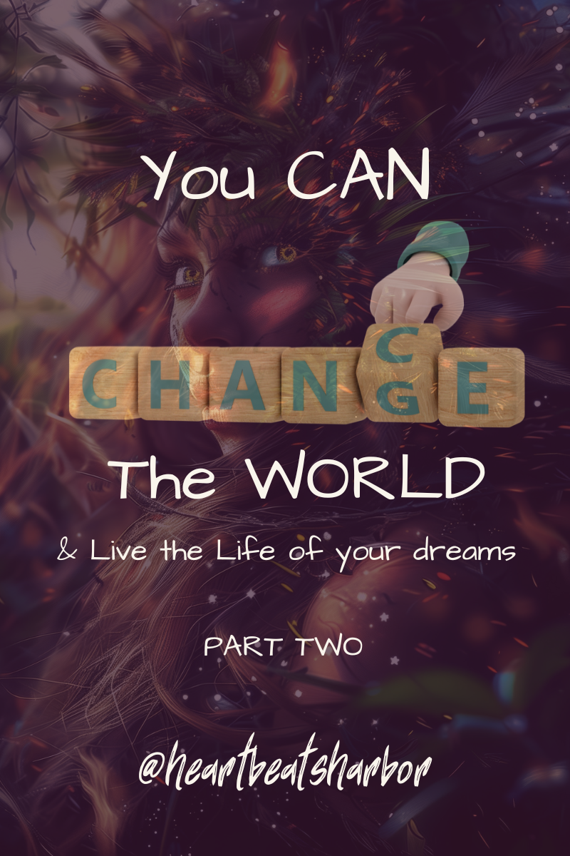 Title 'You CAN Change the world & live the life of your dreams' with a wild woman graphic faded in the background, with leaves, feathers, and paint, on or around her face Title 'You CAN Change the world & live the life of your dreams' with a wild woman graphic faded in the background, with leaves, feathers, and paint, on or around her face