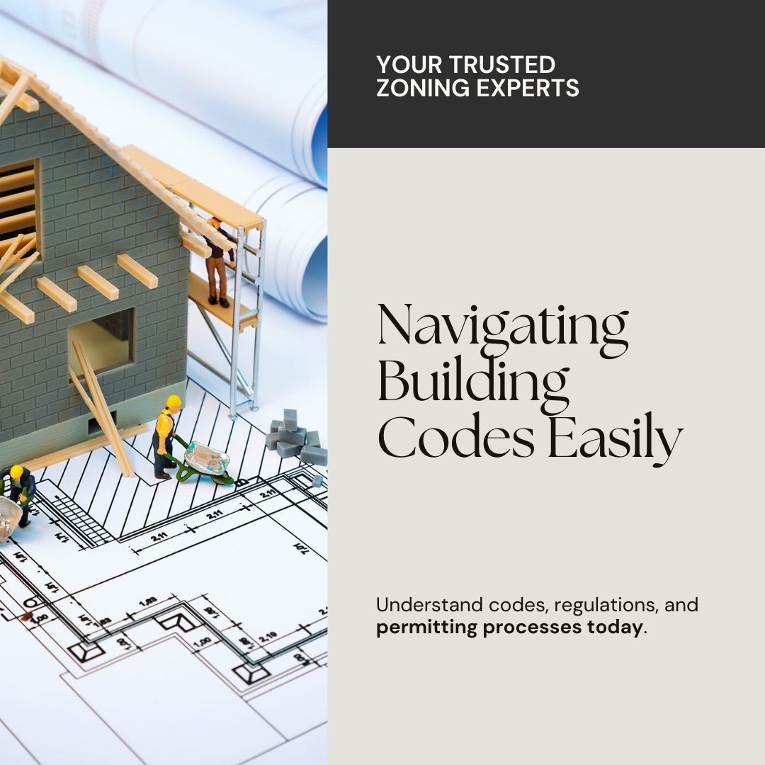 Model house with construction plans and miniature workers, representing architects navigating building codes, zoning regulations, and permitting processes.