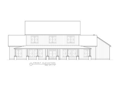 Front elevation architectural blueprint of a traditional farmhouse design by Drake Architecture, showcasing classic symmetry and wraparound porch features