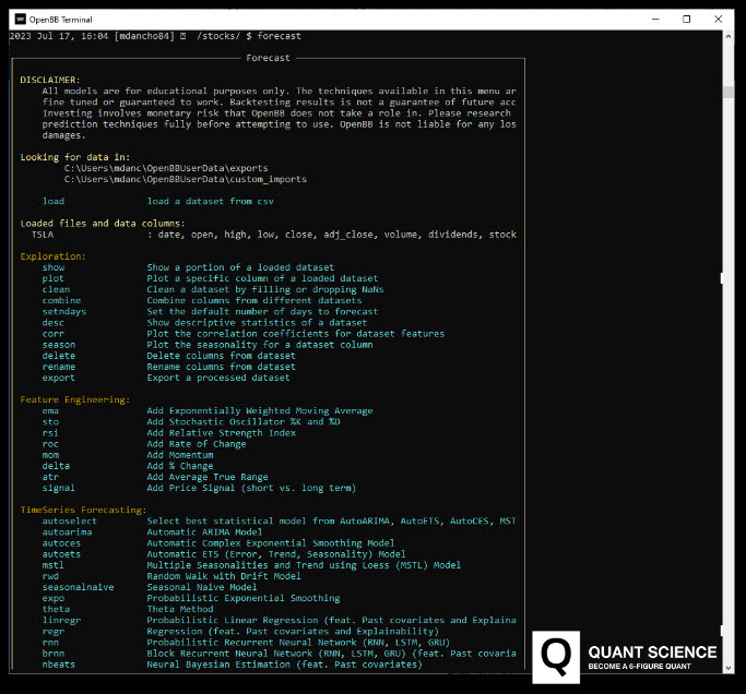 openbb terminal forecast menu