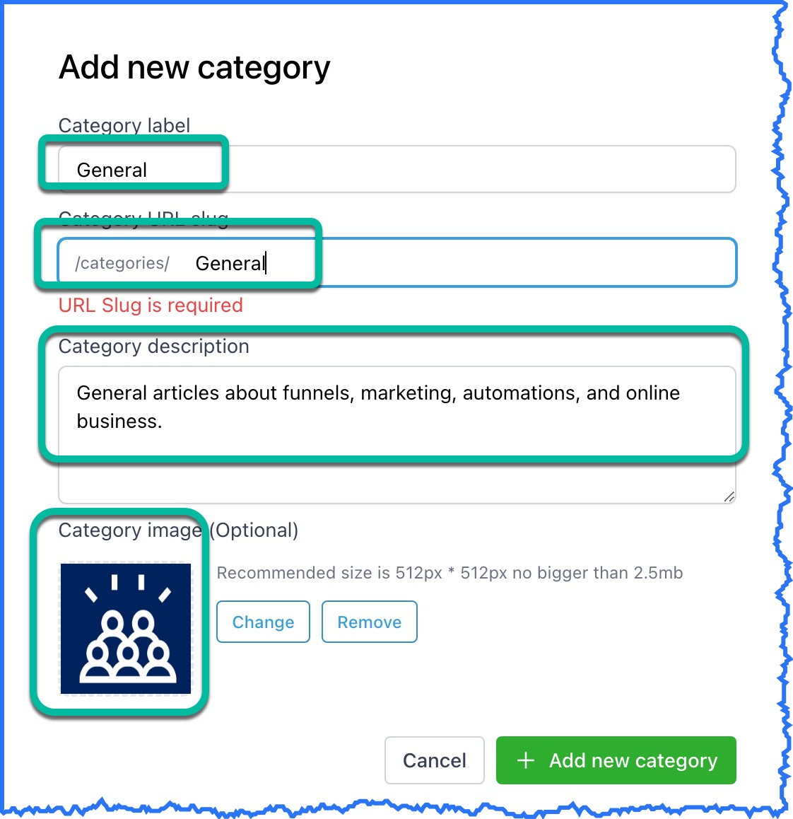 Image setting up the categories in creating a blog on fgf or ghl