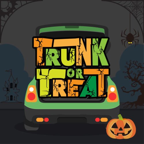 Halloween-themed illustration for a Trunk or Treat event showing an open car trunk decorated with spooky designs, a carved pumpkin, and the words ‘Trunk or Treat’ in bold orange and green letters. Halloween-themed illustration for a Trunk or Treat event showing an open car trunk decorated with spooky designs, a carved pumpkin, and the words ‘Trunk or Treat’ in bold orange and green letters.
